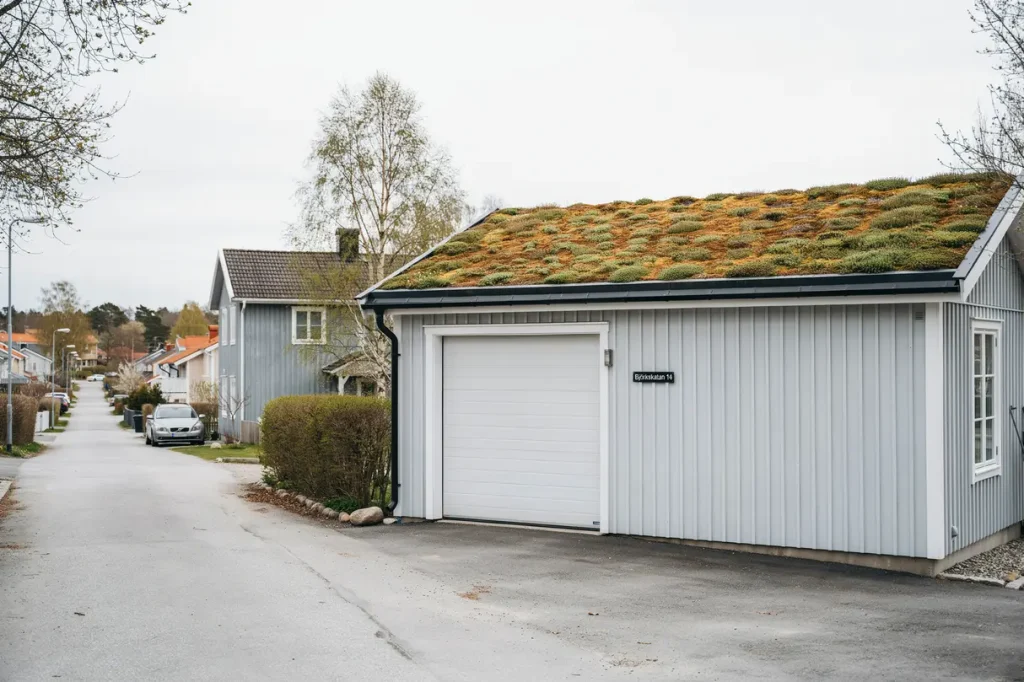 f rdigst llt sedumtak p garagebyggnad i bj rkskatan