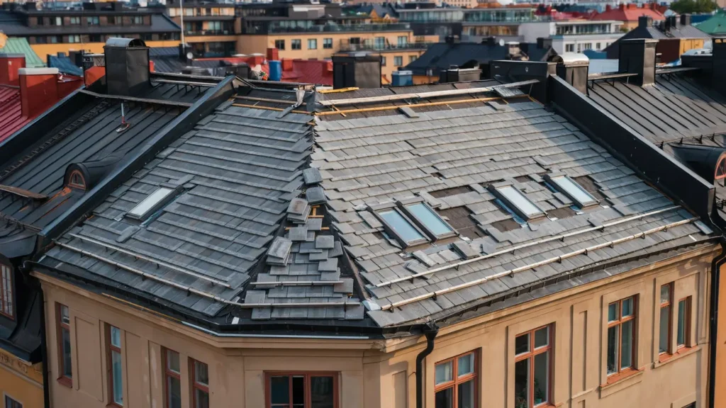 oml ggning av tak med betongpannor och fyra takf nster i stermalm